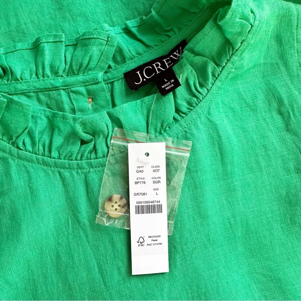 NWT J.Crew Fleur Green 100% Linen Ruffle Tank Top L